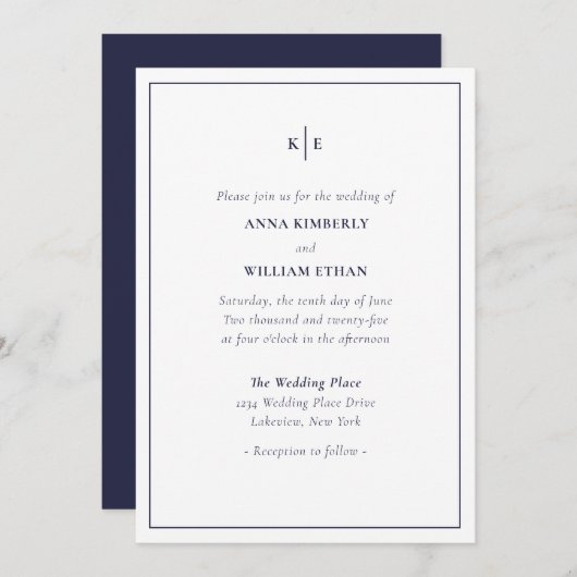 Navy Blue Monogram Wedding Invitations Kaart (Voorkant / Achterkant)
