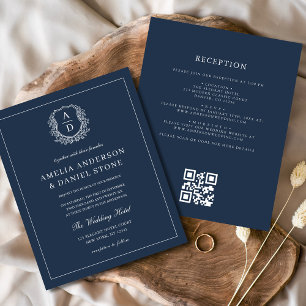 Navy Blue Monogram Wedding QR Code Uitnodiging Flyer
