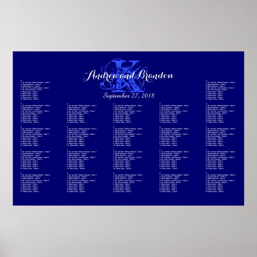 Navy Blue Monogram Wedding Seating Chart Poster (Voorkant)