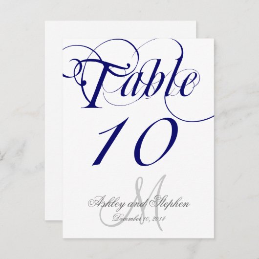Navy Blue Monogram Wedding Table Number Kaart (Voorkant / Achterkant)