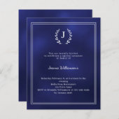 Navy blue monogram wreath age-neutral invitation (Voorkant / Achterkant)