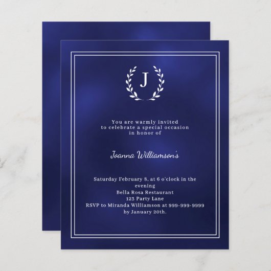 Navy blue monogram wreath age-neutral invitation (Voorkant / Achterkant)