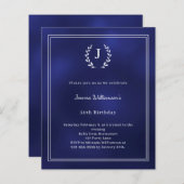 Navy blue monogram wreath birthday invitation (Voorkant / Achterkant)