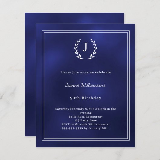 Navy blue monogram wreath birthday invitation (Voorkant / Achterkant)