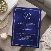 Navy blue monogram wreath milestone age-neutral kaart