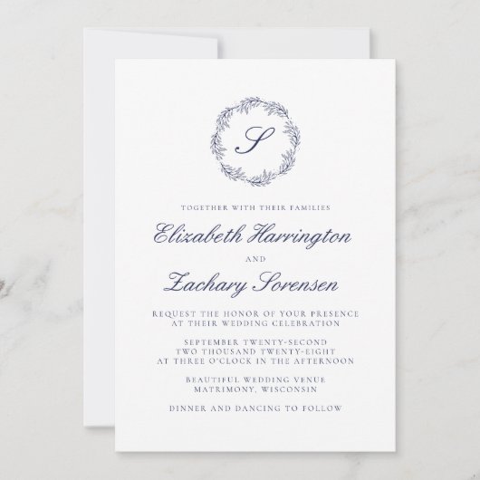 Navy Blue Monogram Wreath Script Wedding Kaart (Voorkant)