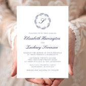 Navy Blue Monogram Wreath Script Wedding Kaart