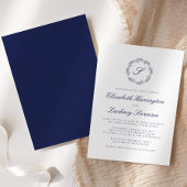Navy Blue Monogram Wreath Script Wedding Kaart