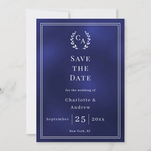 Navy blue monogram wreath wedding save the date (Voorkant)