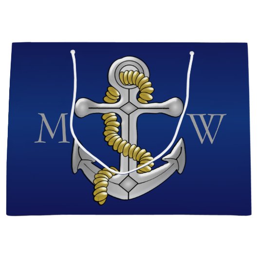 Navy Blue Monogrammed Anchor Groot Cadeauzakje (Voorkant)