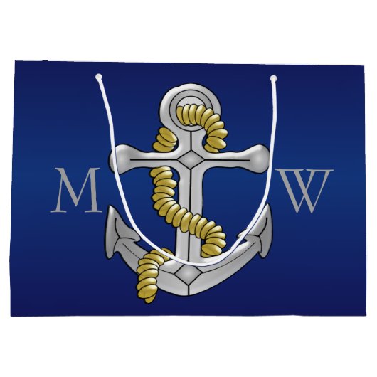 Navy Blue Monogrammed Anchor Groot Cadeauzakje (Achterkant)