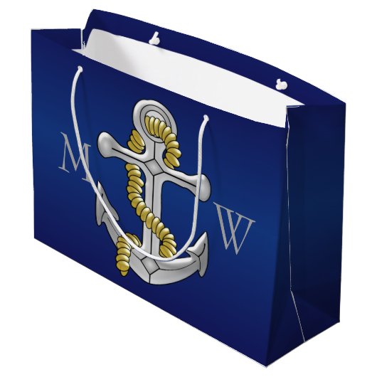 Navy Blue Monogrammed Anchor Groot Cadeauzakje (Achterkant Gekanteld)