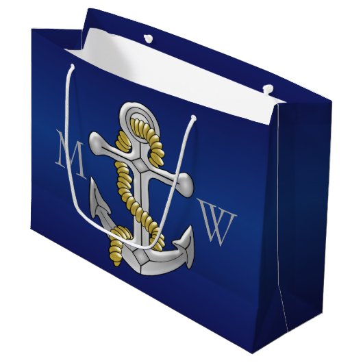 Navy Blue Monogrammed Anchor Groot Cadeauzakje (Voorkant Gekanteld)