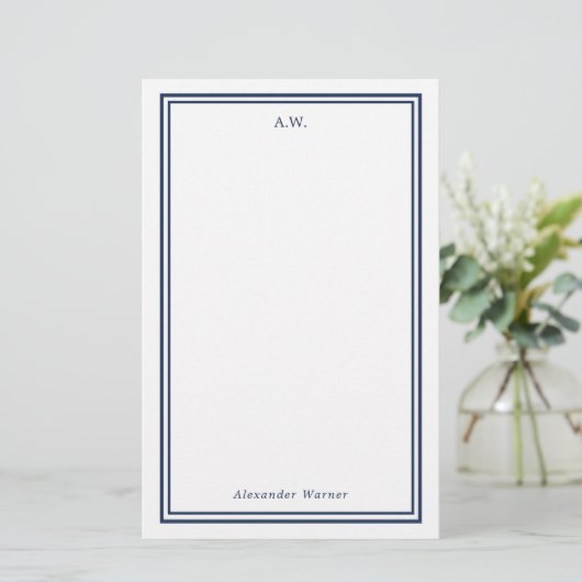 Navy Blue Monogrammed Briefpapier (Staand voorkant)