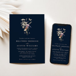 Navy Blue Monogrammed Wedding Invitation Kaart