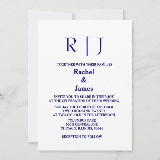 Navy Blue Monograms Minimal Simple Elegant Wedding Kaart (Voorkant)