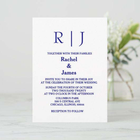 Navy Blue Monograms Minimal Simple Elegant Wedding Kaart (Staand voorkant)