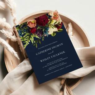 Navy Blue Moody Bloemen Bourgondische bruiloft Kaart