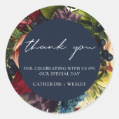 Navy Blue Moody Bloemen Bourgondische bruiloft Ronde Sticker (Voorkant)