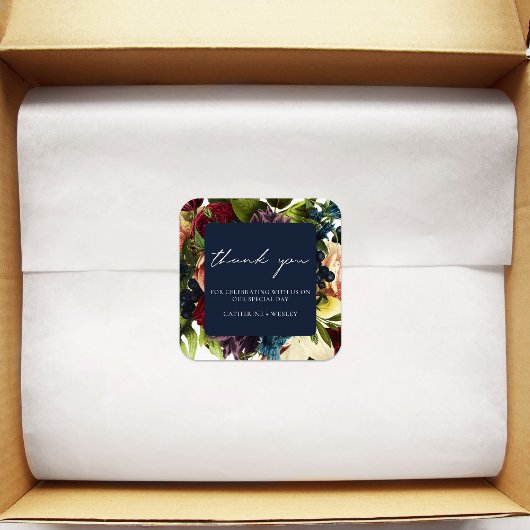 Navy Blue Moody Bloemen Bourgondische bruiloft Vierkante Sticker