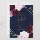 Navy Blue Moody Floral Modern Gold Glam Wedding Kaart (Voorkant)