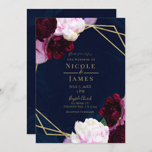 Navy Blue Moody Floral Modern Gold Glam Wedding Kaart