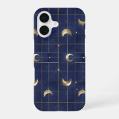 Navy Blue Moon and Gold Grid Design iPhone 16 Hoesje (Achterkant)