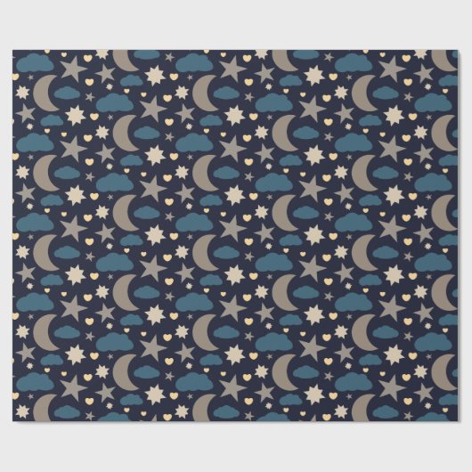 Navy Blue Moon Stars and Clouds Gift Wrap Cadeaupapier (Vlak)