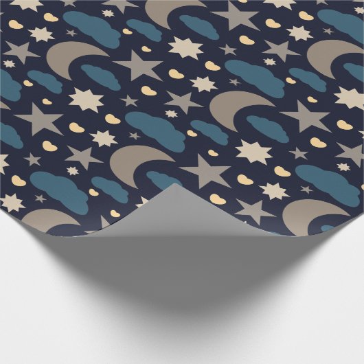 Navy Blue Moon Stars and Clouds Gift Wrap Cadeaupapier (Hoek)