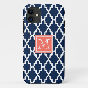 Navy Blue Moroccan Coral Monogram iPhone 11 Hoesje