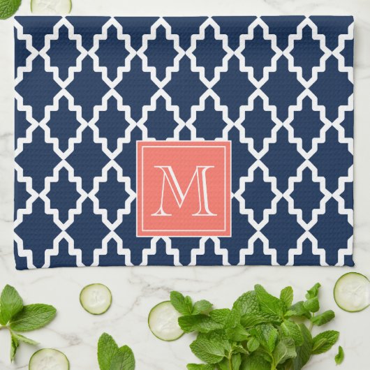 Navy Blue Moroccan Coral Monogram Theedoek (Gevouwen)