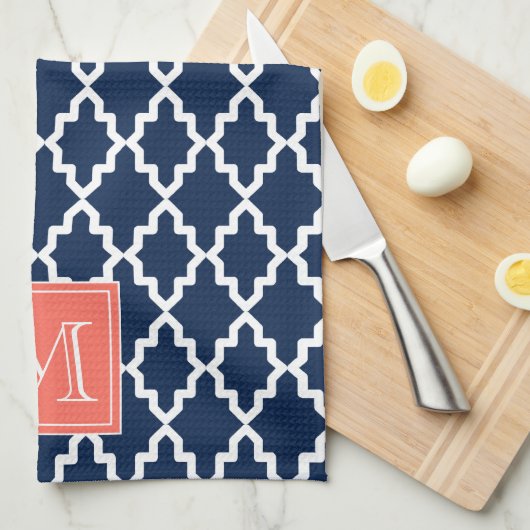 Navy Blue Moroccan Coral Monogram Theedoek (Quarter Fold)