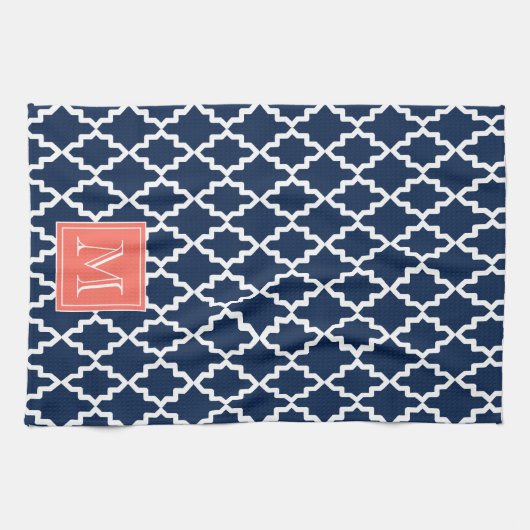 Navy Blue Moroccan Coral Monogram Theedoek (Horizontaal)