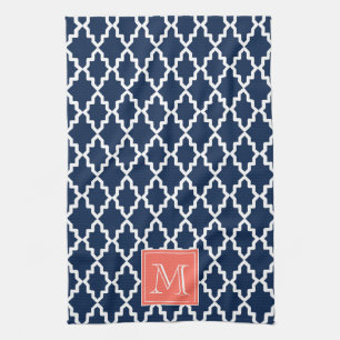 Navy Blue Moroccan Coral Monogram Theedoek