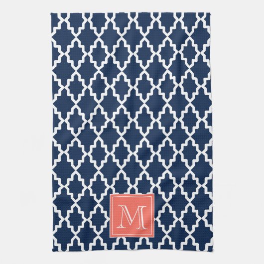 Navy Blue Moroccan Coral Monogram Theedoek (Verticaal)