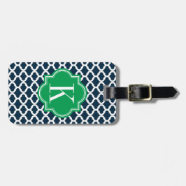 Navy Blue Moroccan Pattern met Green Monogram Bagagelabel