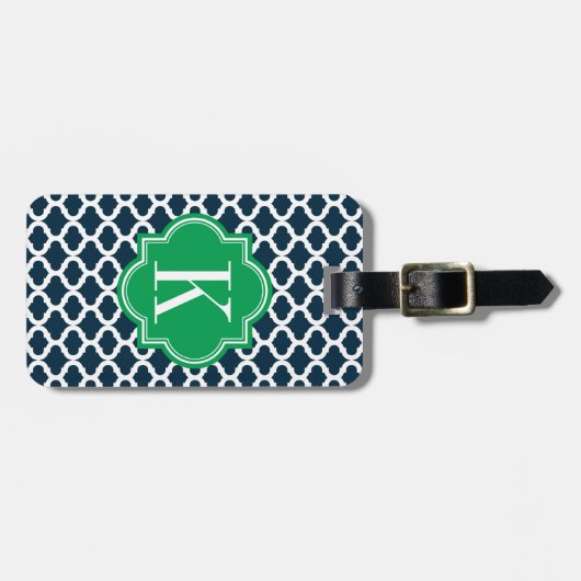 Navy Blue Moroccan Pattern met Green Monogram Bagagelabel (Voorkant horizontaal)