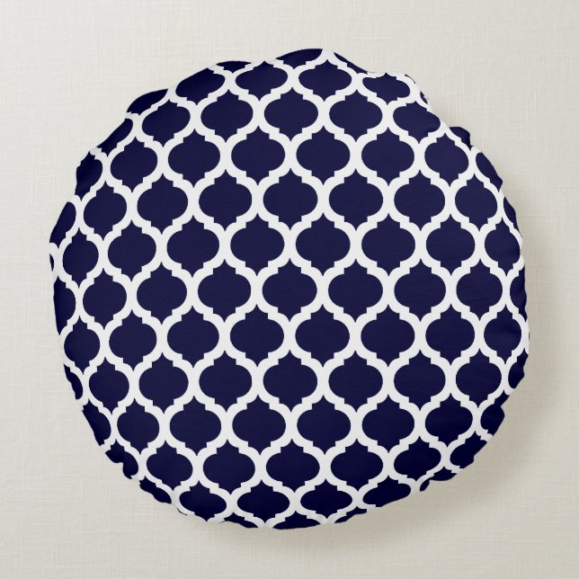 Navy Blue Moroccan Pattern Round Kussens (Achterkant)