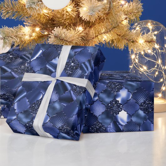 Navy Blue Moroccan Quatrefoil Pattern Cadeaupapier (Feestdagen)