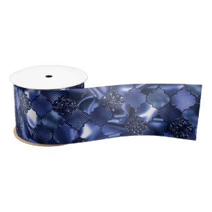 Navy Blue Moroccan Quatrefoil Pattern Satijnen Lint