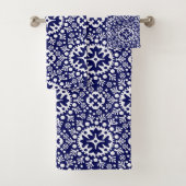 Navy Blue Moroccan Tegel Pattern Bath Towel Set Bad Handdoek (Insitu)