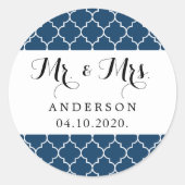 Navy Blue Moroccan Trellis, Quatrefoil, bruiloft Ronde Sticker (Voorkant)