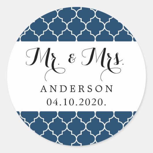 Navy Blue Moroccan Trellis, Quatrefoil, bruiloft Ronde Sticker (Voorkant)