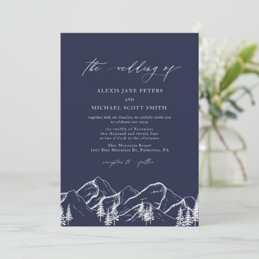 Navy Blue Mountains Outdoor Pine Tree Bruiloft Kaart (Staand voorkant)