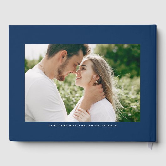 Navy Blue Mr. en Mrs Elegant Script Wedding Gastenboek (Achterkant)