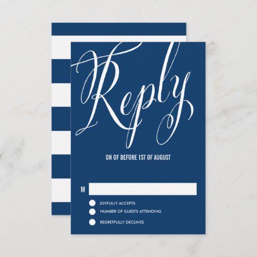 Navy Blue Mr. en Mrs Elegant Script Wedding RSVP (Voorkant / Achterkant)