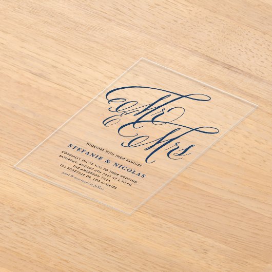Navy Blue Mr. en Mrs. Rustic Calligraphy Trouwen Acryl Uitnodigingen (Laagn)