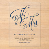 Navy Blue Mr. en Mrs. Rustic Calligraphy Trouwen Acryl Uitnodigingen (Voorkant)