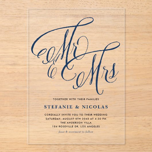 Navy Blue Mr. en Mrs. Rustic Calligraphy Trouwen Acryl Uitnodigingen (Voorkant)