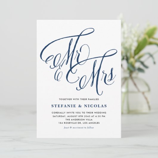 Navy Blue Mr. en Mrs. Rustic Calligraphy Trouwen Kaart (Staand voorkant)